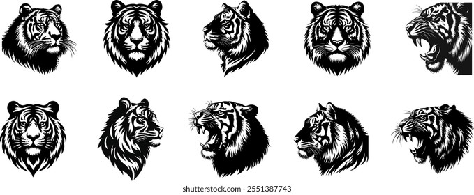 Set of Tiger head Silhouette icon vector, Bengal Tiger head icon set vector illustration