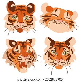 Set of tiger head stickers. Tiger symbol of New Year 2022 on white background. Wild tiger cartoon animal in flat style. Vector illustration