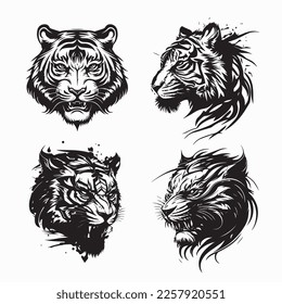 Set of Tiger head. Vector illustration. Black and White mascot logo. Tiger logo.