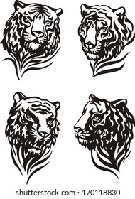 Set of tiger heads. Black and white vector illustrations.