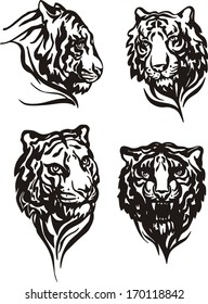 Set of tiger heads. Black and white vector illustrations.