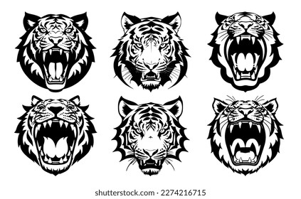 Set of tiger heads with open mouth and bared fangs, with different angry expressions of the muzzle. Symbols for tattoo, emblem or logo, isolated on a white background.