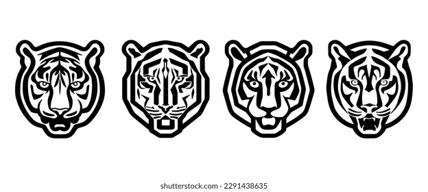 Set of tiger heads with open mouth and bared fangs, with different angry expressions of the muzzle. Symbols for tattoo, emblem or logo, isolated on a white background.