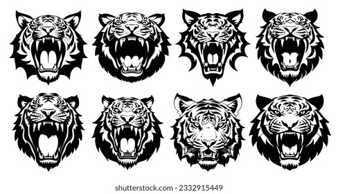 Set of tiger heads with open mouth and bared fangs, with different angry expressions of the muzzle. Symbols for tattoo, emblem or logo, isolated on a white background.