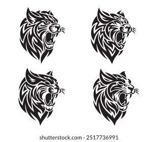 Conjunto de cabezas de tigre con la boca abierta y colmillos desnudos, con diferentes expresiones enojadas del hocico. Símbolos para el tatuaje, el emblema o el logotipo, aislados en un fondo blanco.