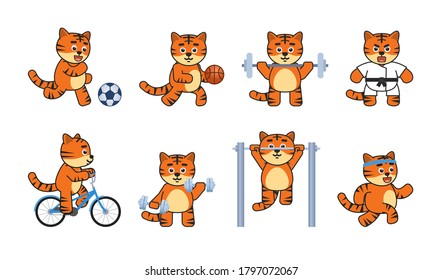 Set of tiger mascot characters doing various sports. Cute tiger playing football, basketball, riding bike, running and showing other actions. Vector illustration bundle