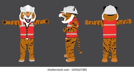 Set Tiger Mascot Costume Design With Helmet And Orange Safety Vests Atributs