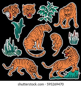 Set of tiger and plants patches elements. Set of stickers, pins, patches and handwritten notes collection in cartoon 80s-90s comic style.Vector stikers kit