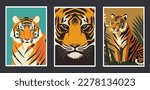 Set of tiger portraits. Vector illustration in cartoon style. Wild animals. wall art print poster