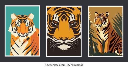 Set of tiger portraits. Vector illustration in cartoon style. Wild animals. wall art print poster