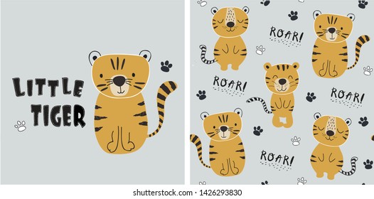 set of tiger print and seamless pattern with cute tigers.vector