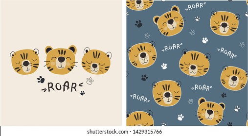 set of tiger print and seamless pattern with cute tigers.vector