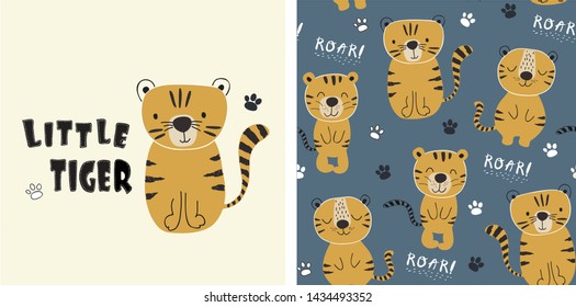 set of tiger print and seamless pattern with cute tigers.vector