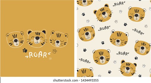 set of tiger print and seamless pattern with cute tigers.vector