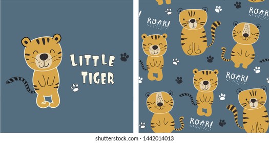 set of tiger print and seamless pattern with cute tigers.vector