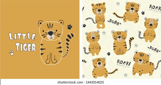 set of tiger print and seamless pattern with cute tigers.vector
