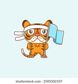 set Tiger shouting with the flag and headband kawaii chibi character mascot illustration outline style design