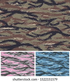 Set of tiger stripe camouflage seamless patterns. Woodland, navy and urban-women's color scheme.
