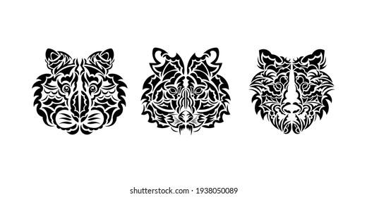 Set of tiger tattoo in boho style. Polynesian style tiger face. Isolated. Vector