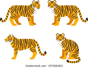 Set of tiger whole body illustration icons (standing, sitting)