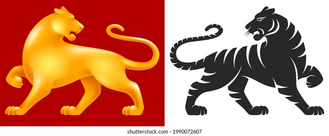 Set of Tiger, zodiac symbol of new year 2022 painted as silhouette and volumetric golden figurine. Isolated on white and red background. Vector illustration.