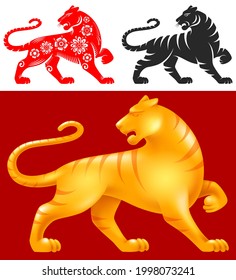 Juego de tigre, símbolo zodiaco del año nuevo 2022 pintado como silueta, figurina dorada volumétrica y con adorno floral al estilo chino. Aislado sobre fondo blanco y rojo. Ilustración vectorial.