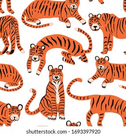 Se coloca con tigres para decorar el diseño. Conjunto vectorial de personajes de caricatura de naturaleza salvaje. El patrón de tigre es salvaje. El entorno exótico de la jungla