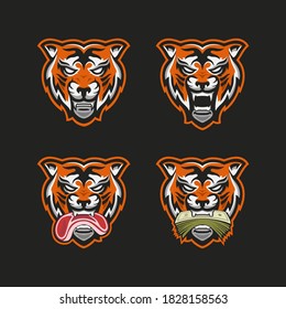 A set of tigers with different emotions. Tiger with a piece of meat in his mouth. A tiger with a pack of money. An evil tiger with an open mouth.  A set of tiger heads. Illustration of vector graphics