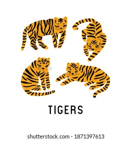 Set of tigers in different poses. Cartoon vector illustration in flat style