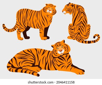 A set of tigers in different poses. The tiger lies, sits and back turned. Cute illustrations for decorating gifts and printing postcards. The symbol of the Chinese New Year 2022.
