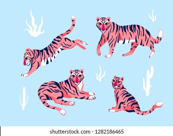 Set with tigers in different poses and tropical plants. Vector illustration.