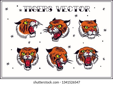 Set tigers different positions. Tattoo style. Vector