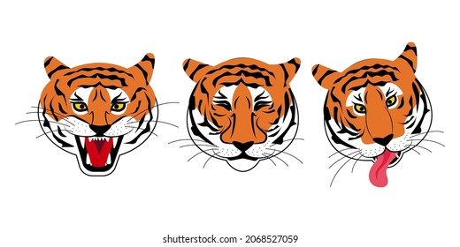 A set of tigers with different types of emotion: sad, angry, brooding, cute, affectionate. Chinese Tiger. The face of a tiger. Flat style Vector Illustration. Symbol of 2022.