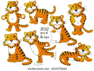 Set of tigers in hand draw style. Symbol of 2022. Faces of tigers. New Year 2022. Collection of cute vector illustrations