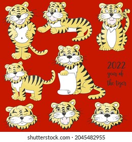 Set of tigers in hand draw style. Faces of tigers. New Year 2022
