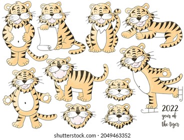 Set of tigers in hand draw style. Symbol of 2022. Faces of tigers