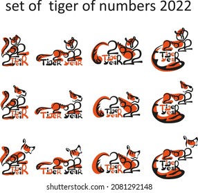 Set of tigers in hand draw style. Collection illustrations. Lunar zodiac symbol of 2022 Year of Tiger. Chinese New Year 2022 Christmas logo with tiger of numbers 2022. Vector illustration