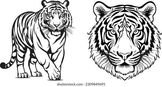 Set of tiger's head and body vector silhouettes. Black tattoo illustration. Suitable for logo art, tattoo, stickers, cards, t-shirt design etc