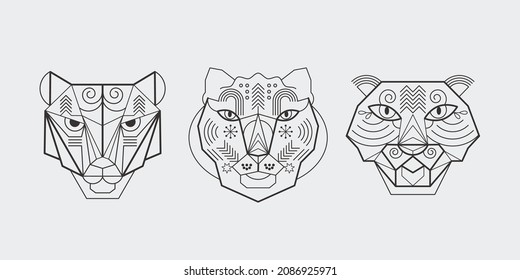 Set of tigers heads in geometry style. Geometric modern minimalist style.