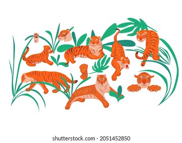 Set with tigers and leaves. Cartoon illustration. Illustration set of red tigers in various poses standing, sitting, lying down, beckoning