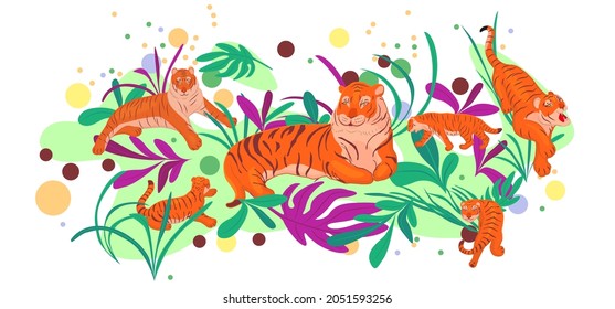 Set with tigers, leaves and circles. Cartoon illustration. Illustration set of red tigers in various poses standing, sitting, lying down, beckoning