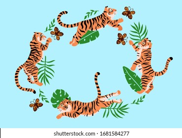 Set of tigers playing with butterflies and tropical leaves on a blue background. Vector graphics.