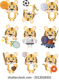 A set of tigers playing various sports, the word "tiger" is written in Japanese on the chest of the tiger in the middle