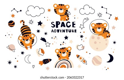 A set of tigers and space elements. Vector design in a cute Scandinavian style