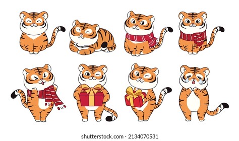 Set of tigers in various poses. Wild predator animals cartoon vector illustration