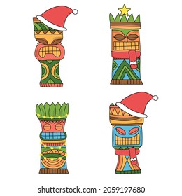 A set of tiki idols in Christmas decor. Colored idols for new year party invitation cards design or advertising