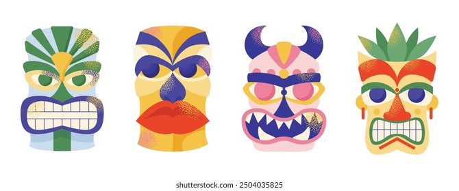 Set of tiki masks. Cartoon ceremonial tiki totem masks, Wooden Totems, Ornamental Hawaiian Mask, Fantasy African Mask Sculpture. Vector illustrations Ethnic tribal ritual masks isolated on background