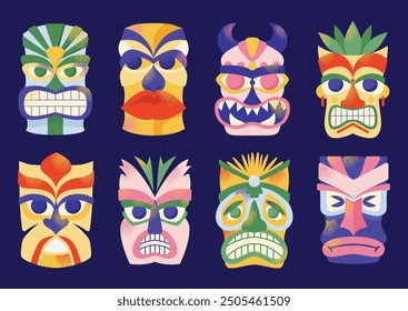 Conjunto de máscaras tiki. Máscaras de tótem tiki ceremonial de dibujos animados, Tótems de madera, Máscara hawaiana ornamental, Escultura de máscara africana de fantasía. Ilustraciones vectoriales Máscaras rituales tribales étnicas aisladas sobre fondo