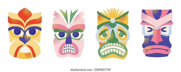 Conjunto de máscaras tiki. Cartoon cerimonial tiki totem máscaras, totens de madeira, máscara havaiana ornamental, escultura de máscara africana de fantasia. Ilustrações vetoriais Máscaras rituais étnicas tribais isoladas no fundo