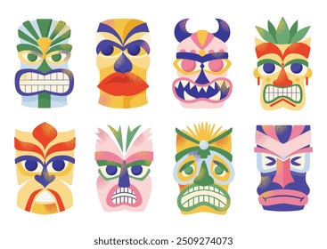 Conjunto de máscaras tiki. Cartoon cerimonial tiki totem máscaras, totens de madeira, máscara havaiana ornamental, escultura de máscara africana de fantasia. Ilustrações vetoriais Máscaras rituais étnicas tribais isoladas no fundo